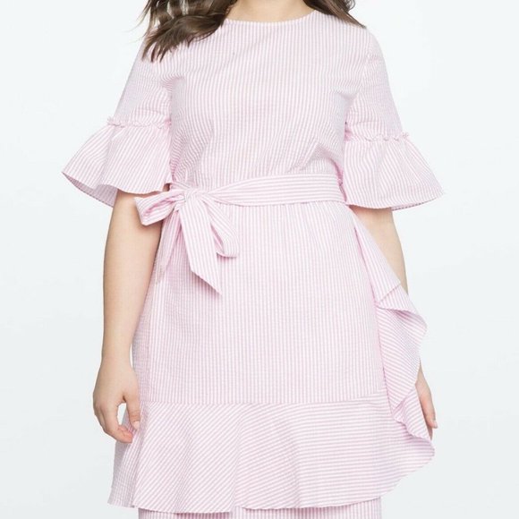 Eloquii Dresses & Skirts - ELOQUII Pink White Seersucker Stripe Ruffle Dress